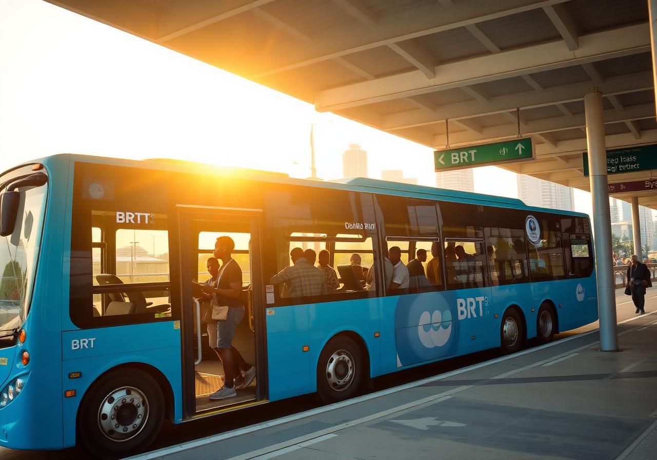 Commuters boarding a Lagos BRT bus at golden hour
